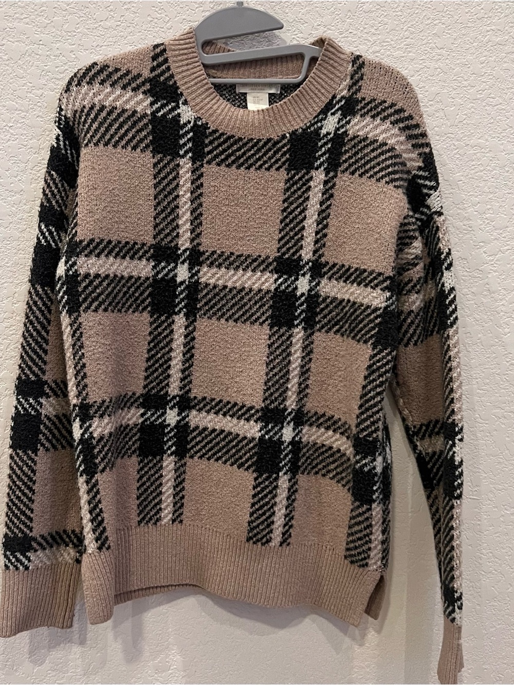 Christian Siriano Plaid Crewneck Sweater in Taupe and Black XS